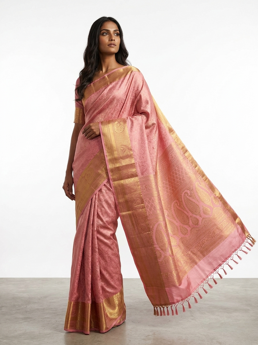 Kumutham Blush Kanchipuram Silk Saree with Unstitched Blouse