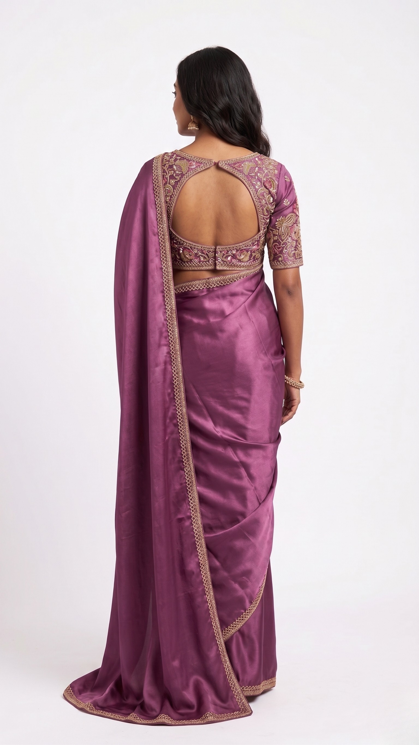Pakshi Mauve Satin Saree with Unstitched Blouse Material