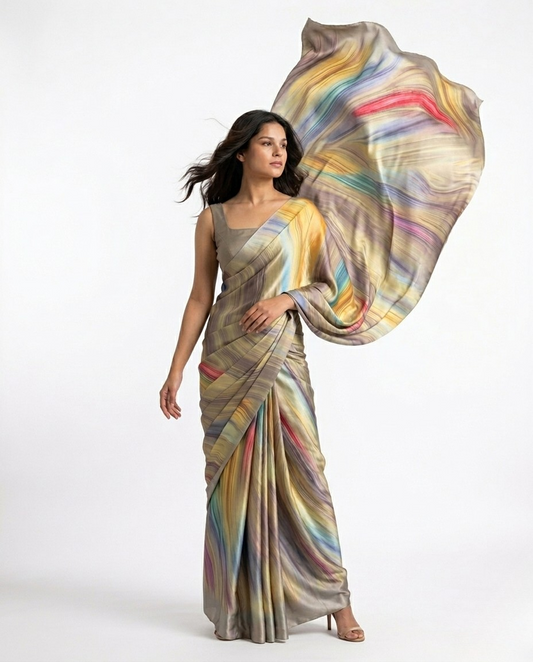 Terrain Marble Print Satin Saree