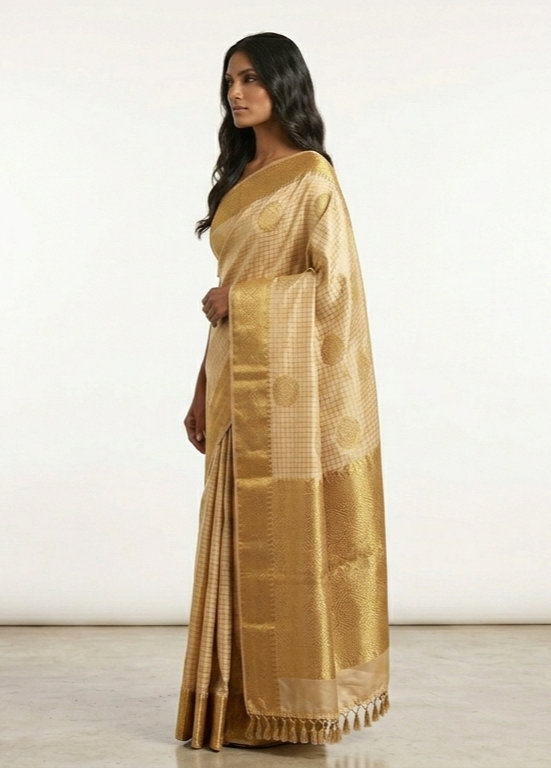 Ponni Gold Kanchipuram Silk Saree with Unstitched Blouse