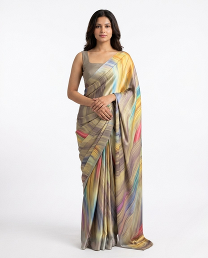 Terrain Marble Print Satin Saree