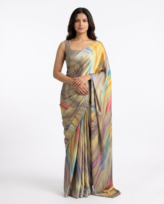Terrain Marble Print Satin Saree