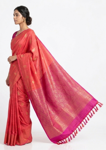 Kumkum Pure Silk Handwoven Kanchipuram Saree with Unstitched Blouse Material