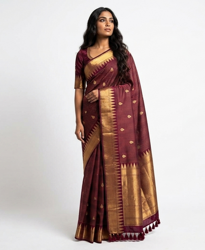 Meera Burgundy Kanchipuram Silk Saree with Unstitched Blouse