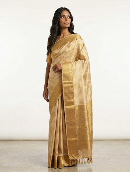 Ponni Gold Kanchipuram Silk Saree with Unstitched Blouse