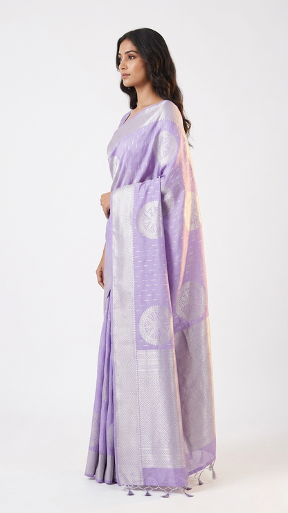 Velli Lilac Kanchipuram Silk Saree with Unstitched Blouse