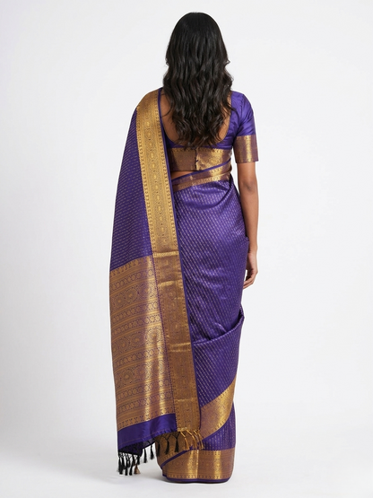 Indra Blue Kanchipuram Silk Saree with Unstitched Blouse