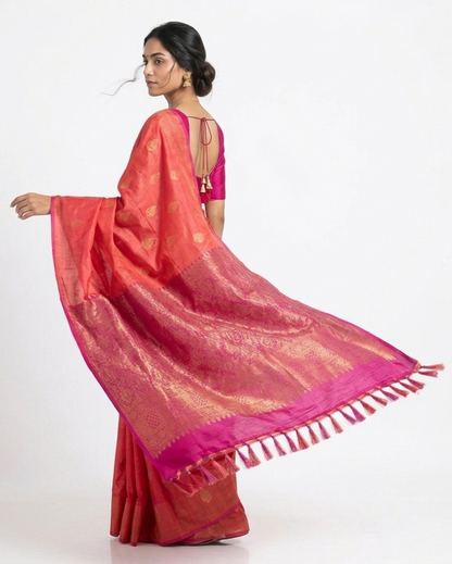 Kumkum Pure Silk Handwoven Kanchipuram Saree with Unstitched Blouse Material