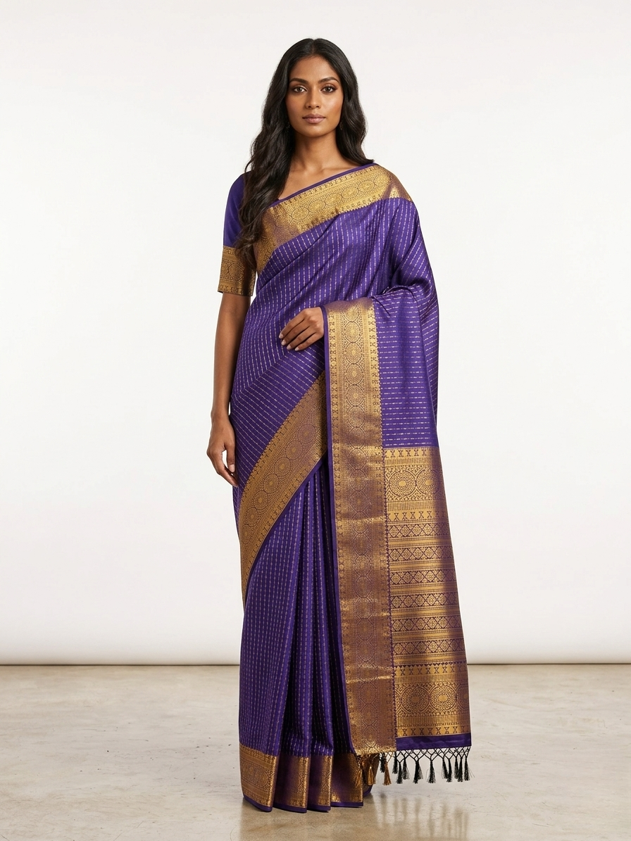 Indra Blue Kanchipuram Silk Saree with Unstitched Blouse