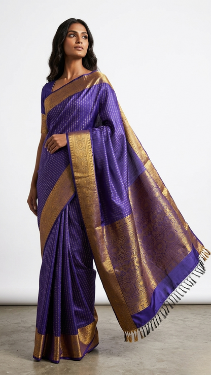 Indra Blue Kanchipuram Silk Saree with Unstitched Blouse