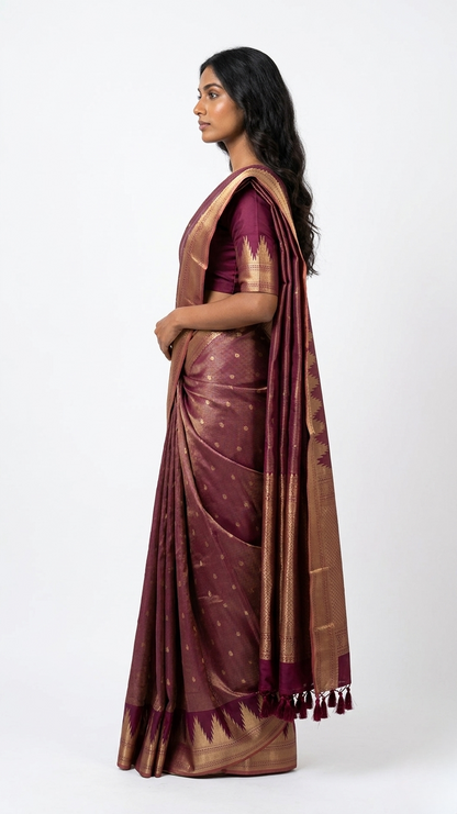 Meera Burgundy Kanchipuram Silk Saree with Unstitched Blouse