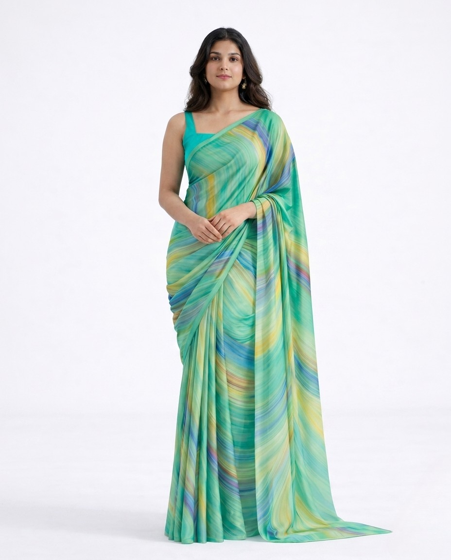 Lagoon Marble Print Satin Saree