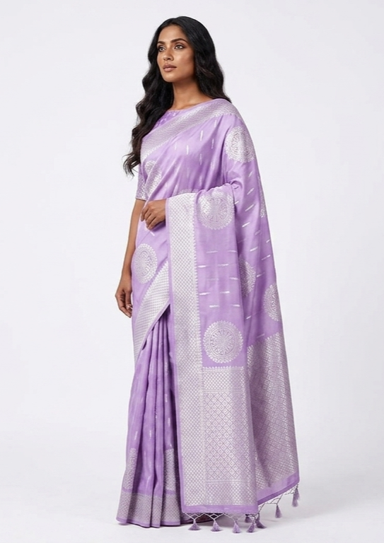Velli Lilac Kanchipuram Silk Saree with Unstitched Blouse