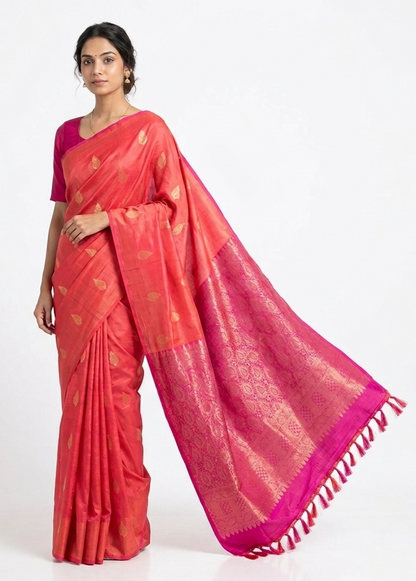 Kumkum Pure Silk Handwoven Kanchipuram Saree with Unstitched Blouse Material