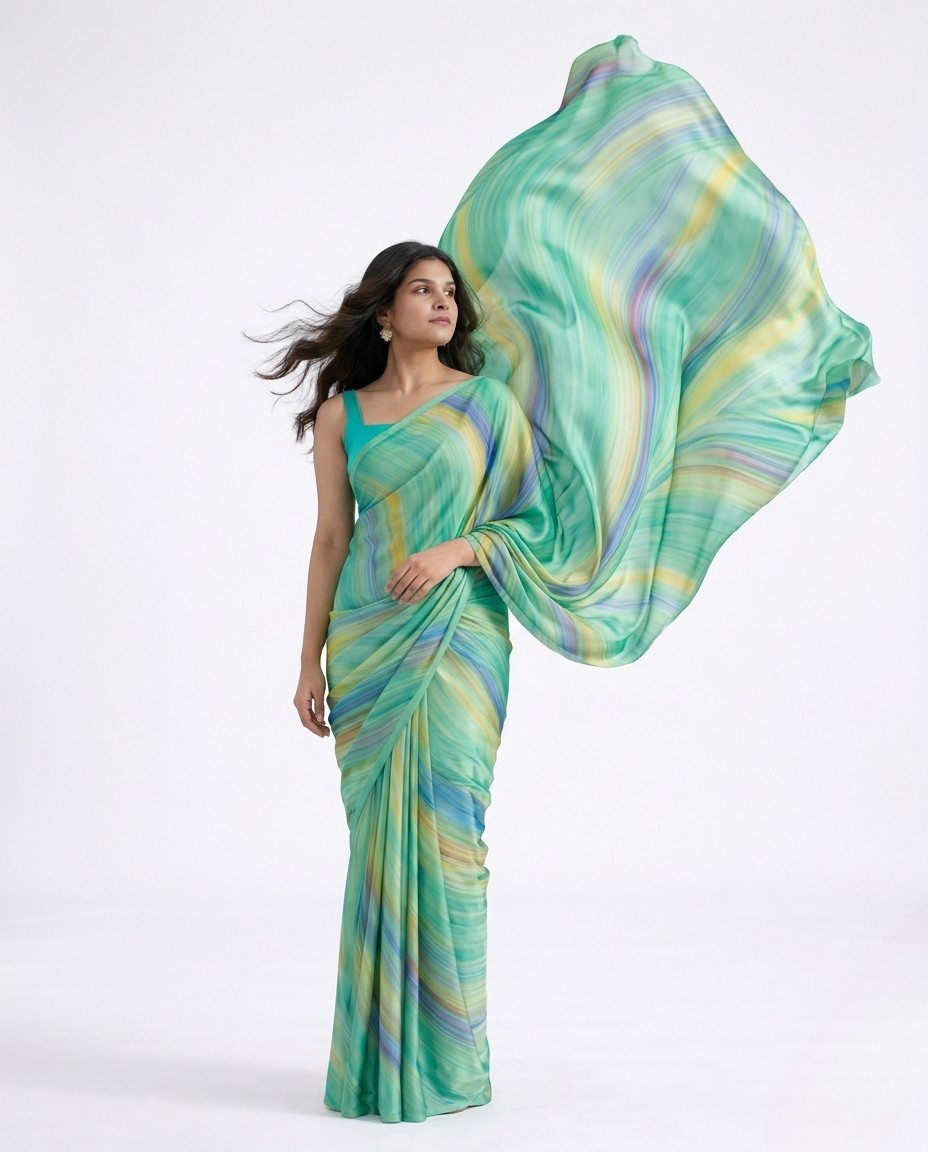Lagoon Marble Print Satin Saree