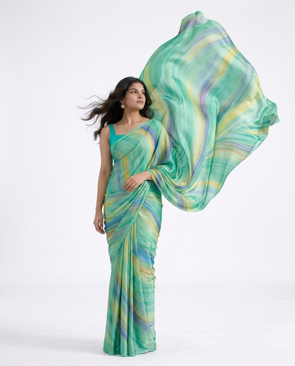 Lagoon Marble Print Satin Saree