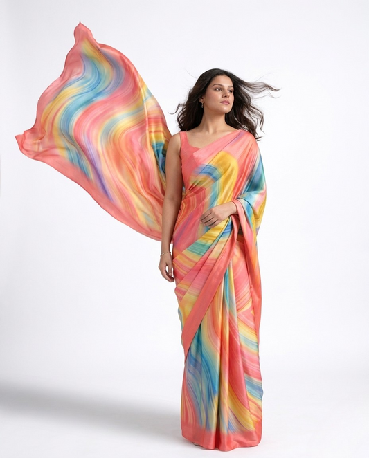 Soleil Marble Print Satin Saree
