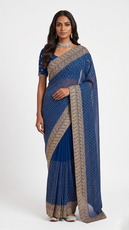 Neelam Pinstripe Designer Saree with Unstitched Blouse Material