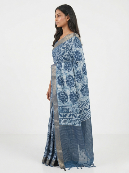 Dabu Batik Print Cotton Saree with Unstitched Blouse Material