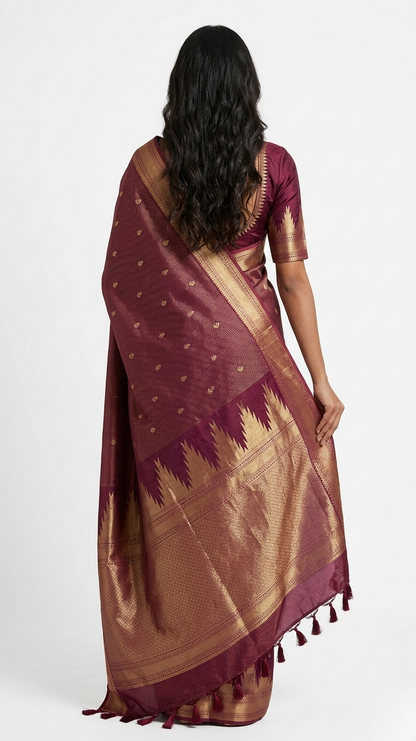 Meera Burgundy Kanchipuram Silk Saree with Unstitched Blouse