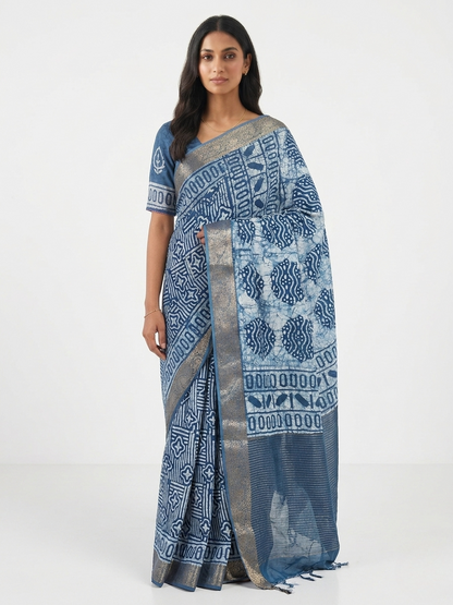 Dabu Batik Print Cotton Saree with Unstitched Blouse Material