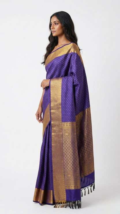 Indra Blue Kanchipuram Silk Saree with Unstitched Blouse