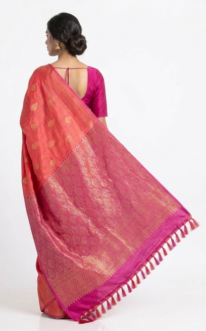 Kumkum Pure Silk Handwoven Kanchipuram Saree with Unstitched Blouse Material