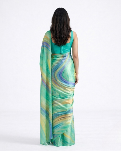 Lagoon Marble Print Satin Saree