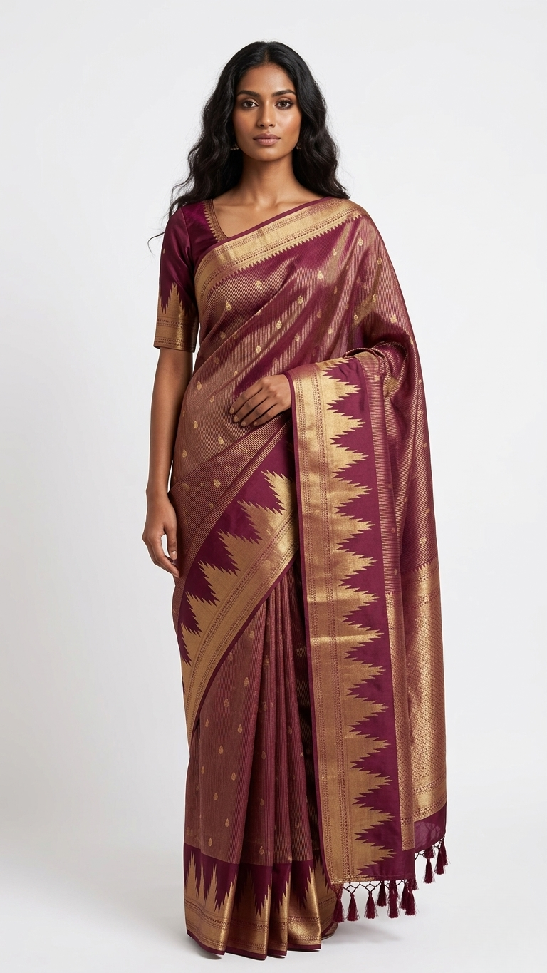 Meera Burgundy Kanchipuram Silk Saree with Unstitched Blouse