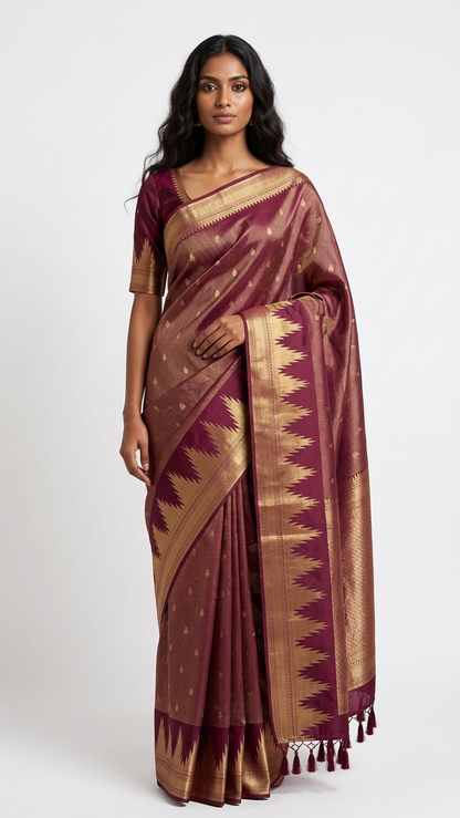 Meera Burgundy Kanchipuram Silk Saree with Unstitched Blouse
