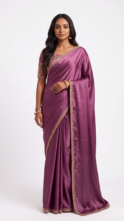 Pakshi Mauve Satin Saree with Unstitched Blouse Material