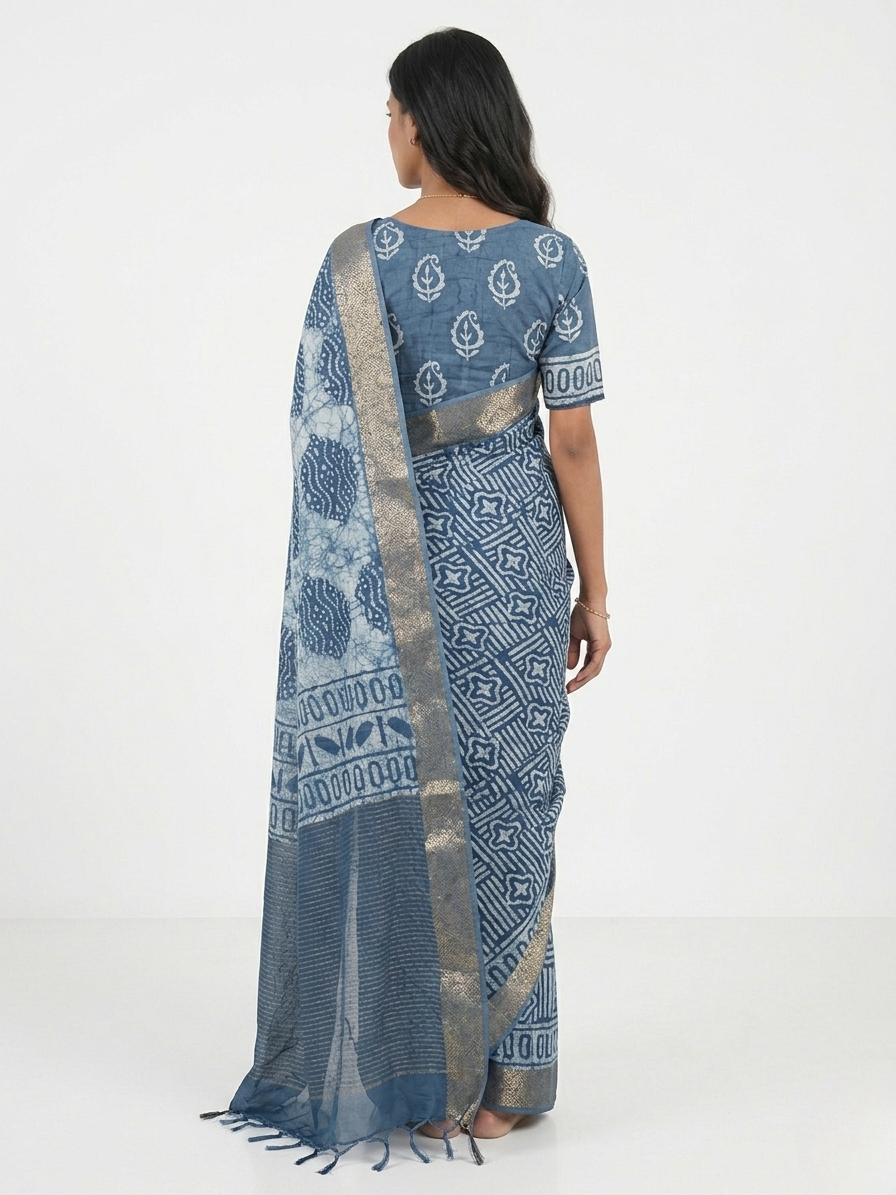 Dabu Batik Print Cotton Saree with Unstitched Blouse Material