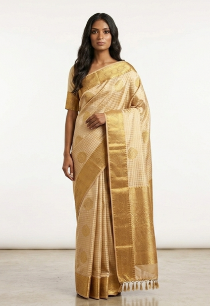 Ponni Gold Kanchipuram Silk Saree with Unstitched Blouse