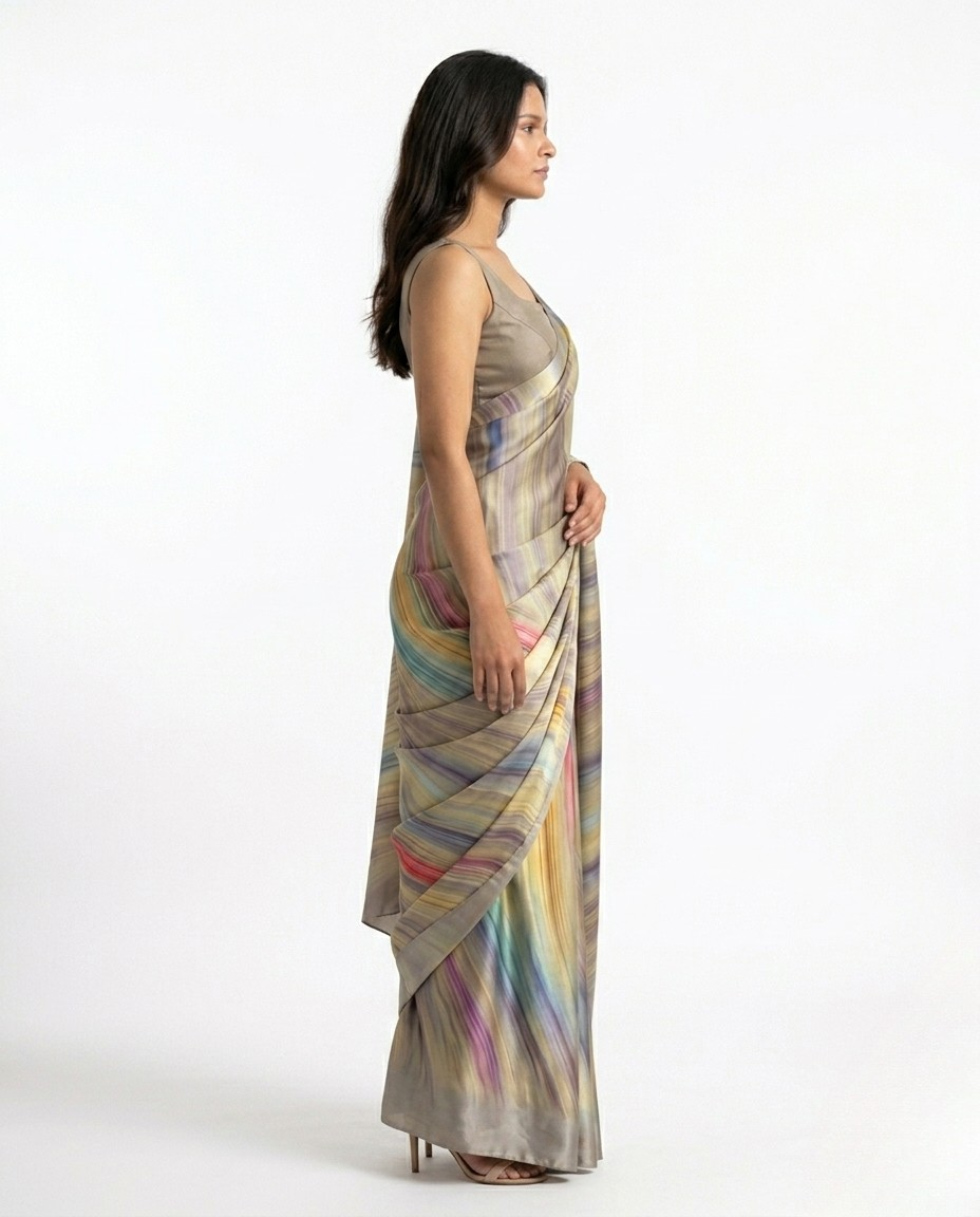 Terrain Marble Print Satin Saree